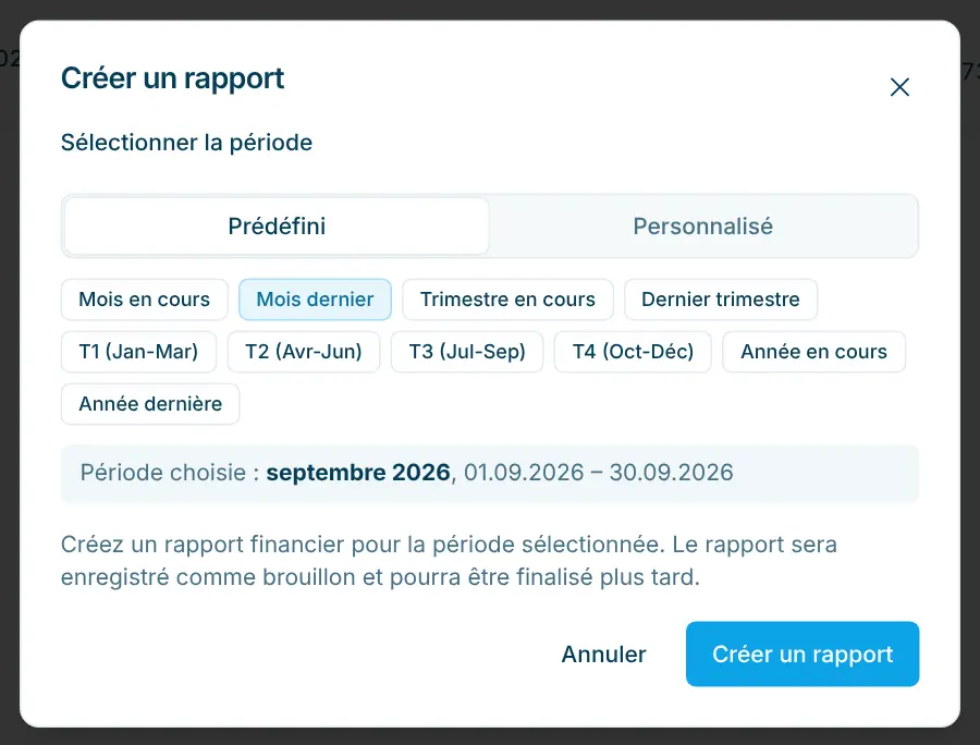 Boîte de dialogue Créer un rapport avec périodes prédéfinies