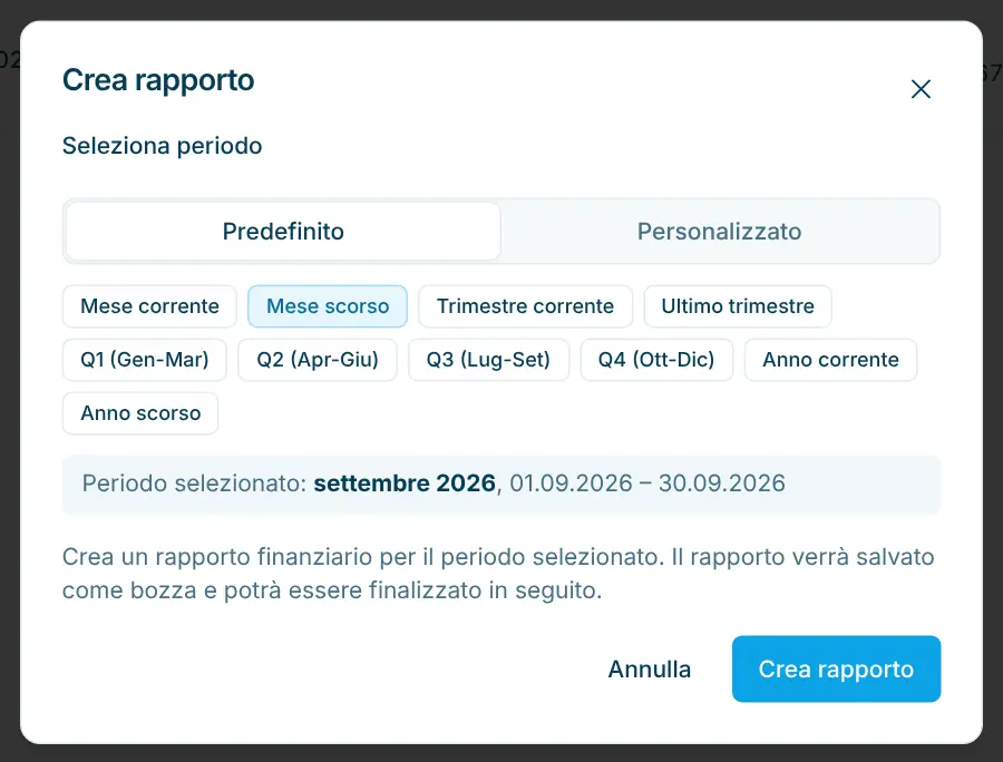 Finestra Crea rapporto con periodi predefiniti
