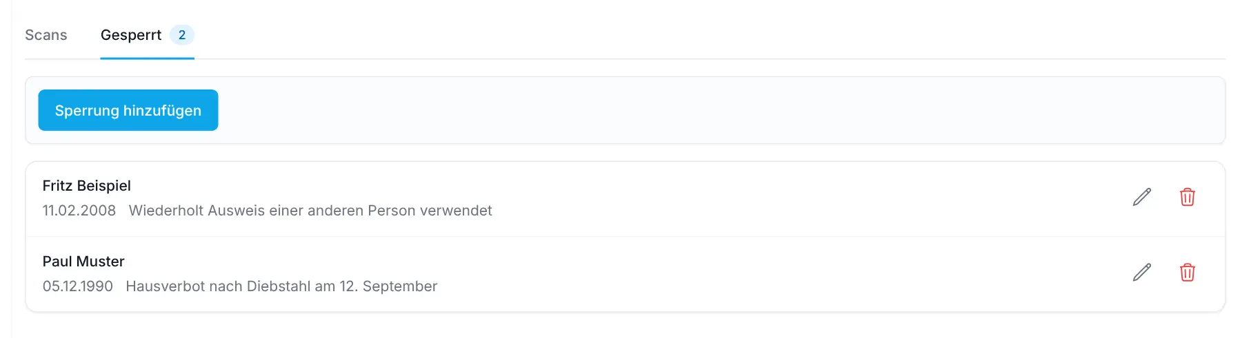 Tab Gesperrt mit Sperrliste und Button Sperrung hinzufügen