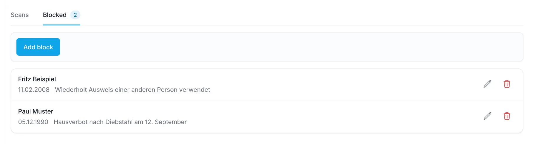 Blocked tab with block list and Add block button