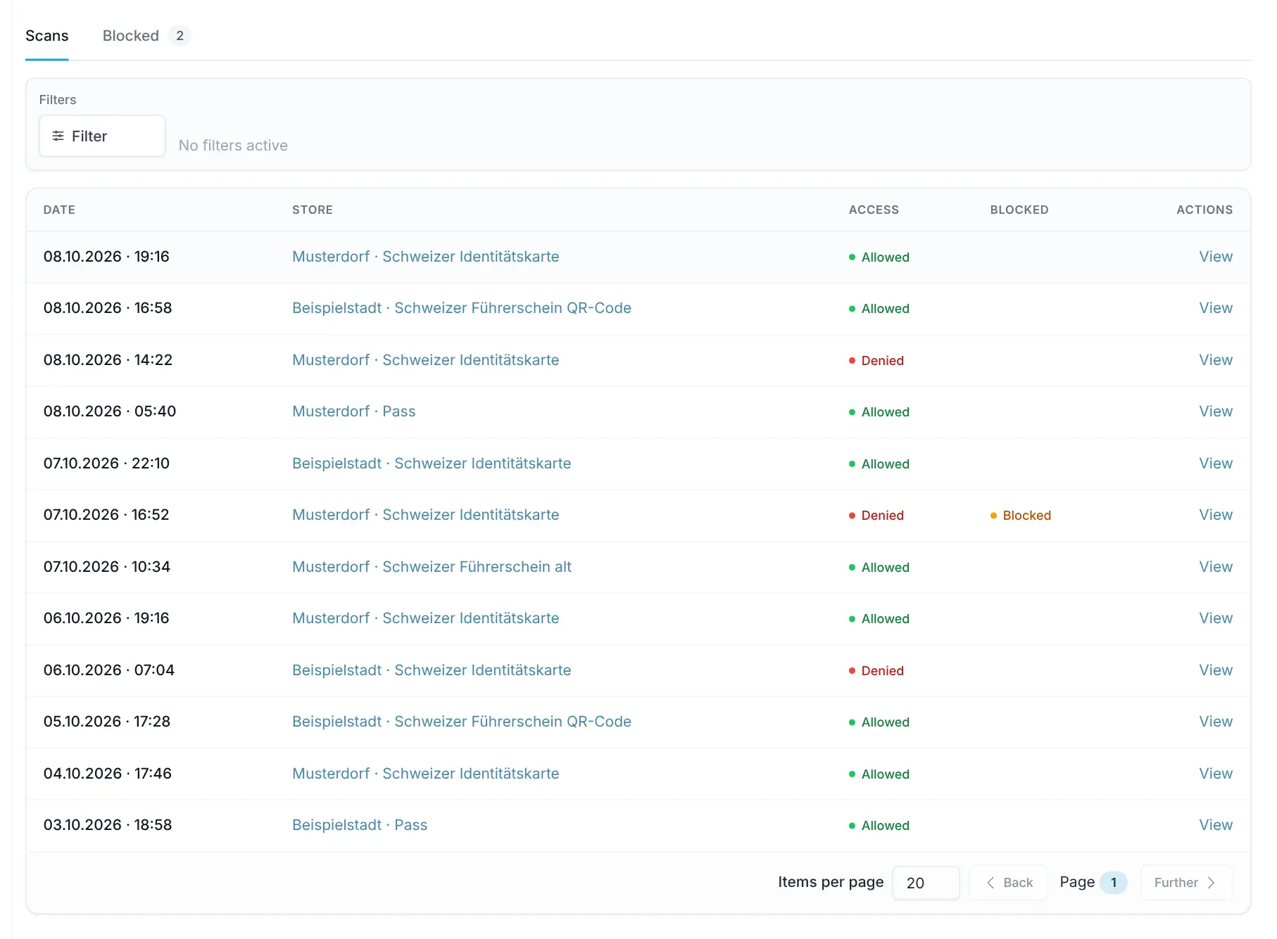 Identity logs with Scans tab, filters and access Allowed or Denied