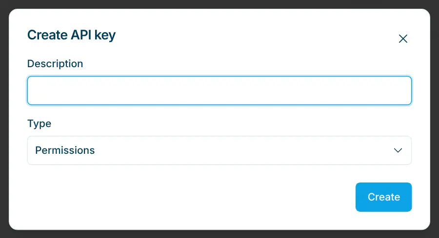 Create API key dialog with description and type
