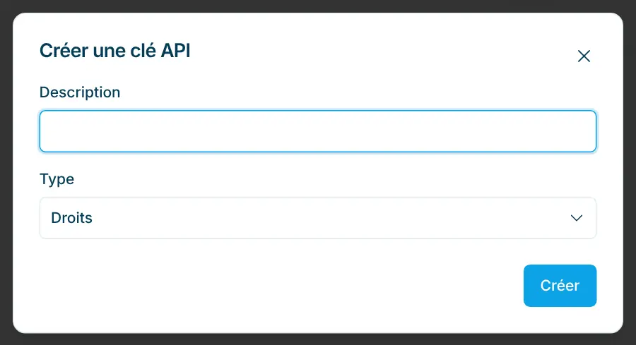 Dialogue Créer une clé API avec description et type