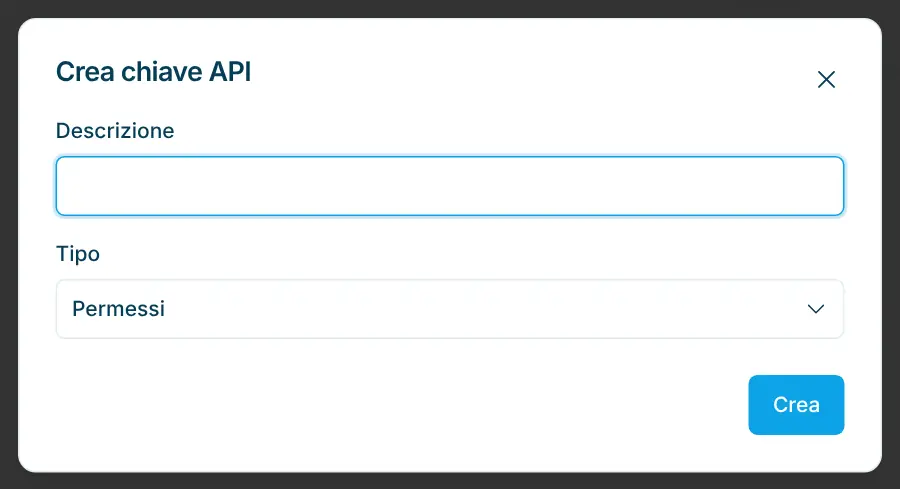 Finestra Crea chiave API con descrizione e tipo
