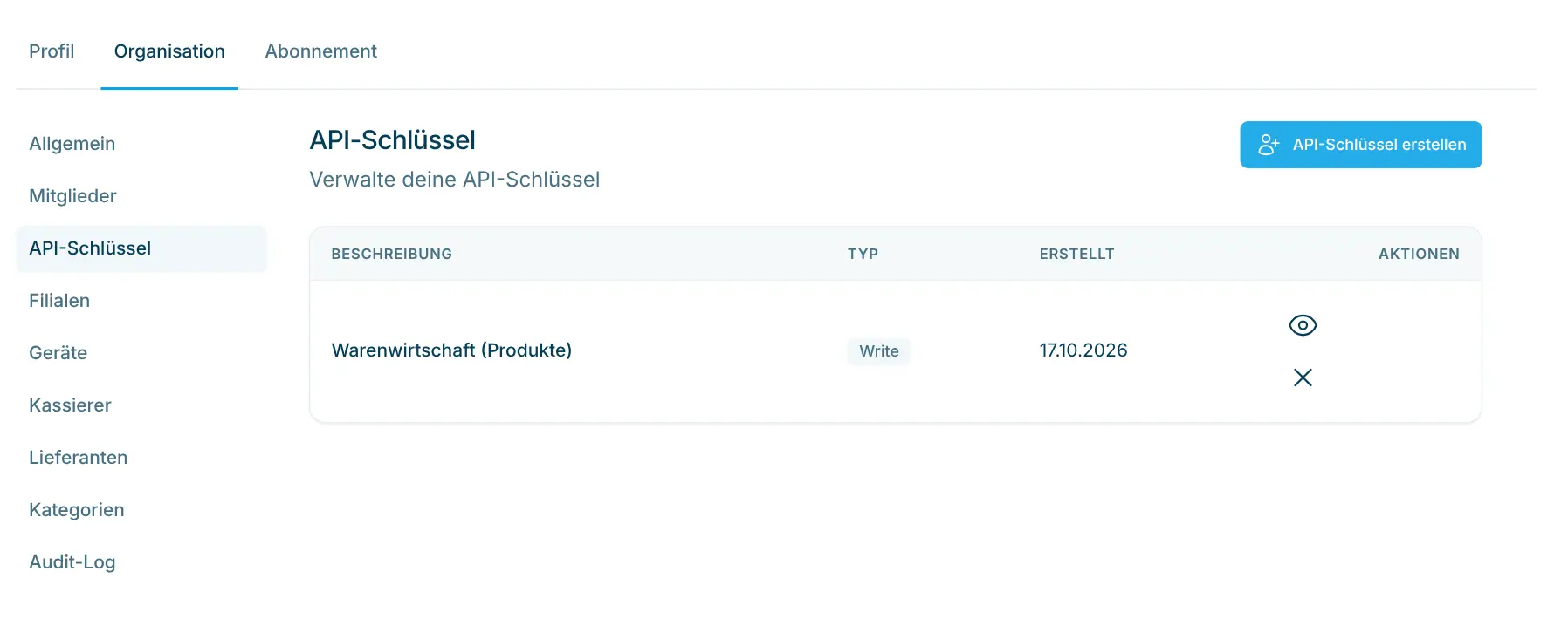 Liste der API-Schlüssel mit Beschreibung, Typ und Erstellungsdatum