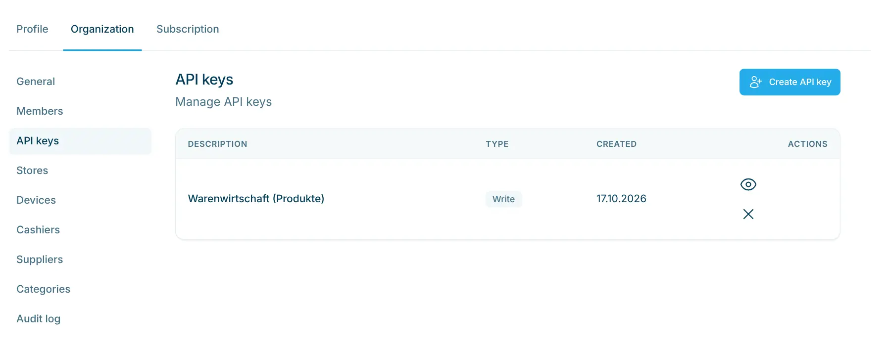 List of API keys with description, type and creation date