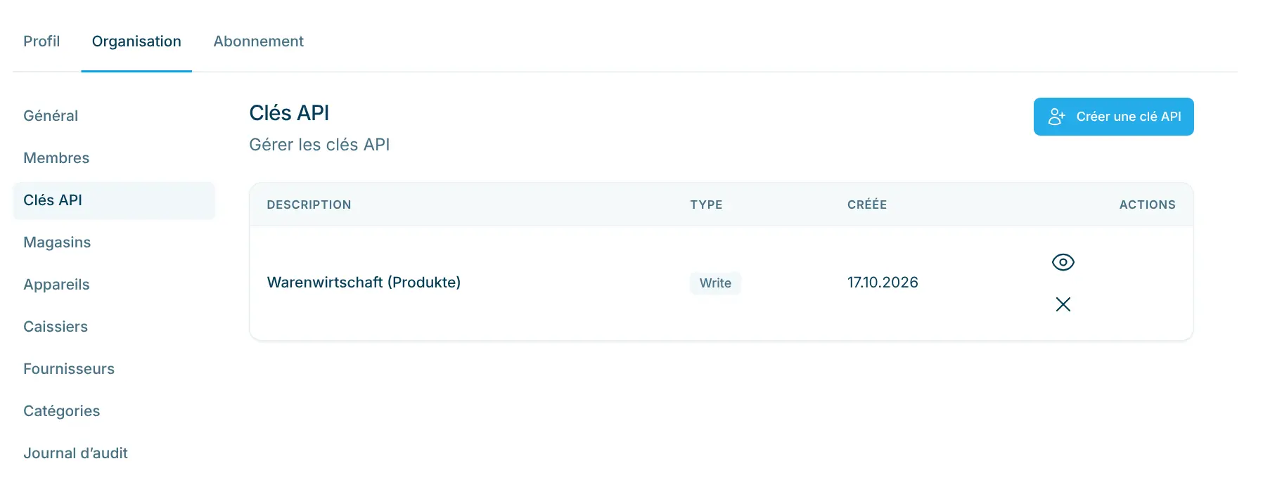 Liste des clés API avec description, type et date de création