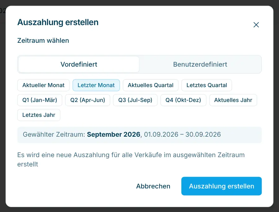 Dialog Auszahlung erstellen mit Zeitraum