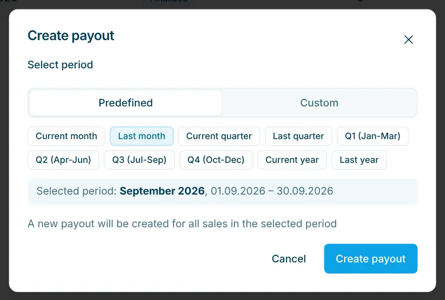 Create payout dialog with period