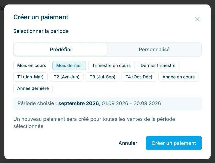 Boîte de dialogue Créer un paiement avec la période