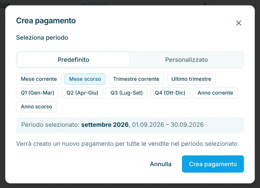 Finestra Crea pagamento con il periodo