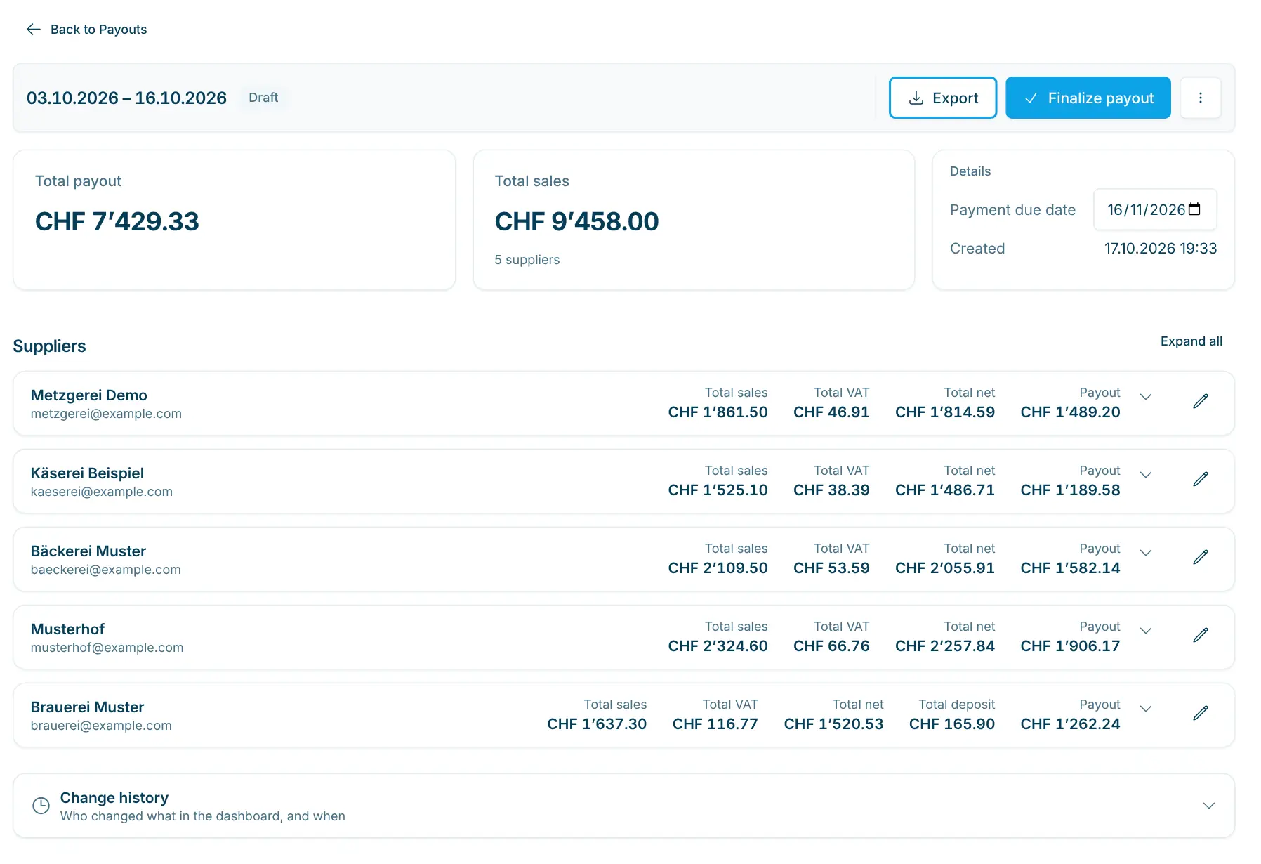 Draft payout with supplier cards and pending items
