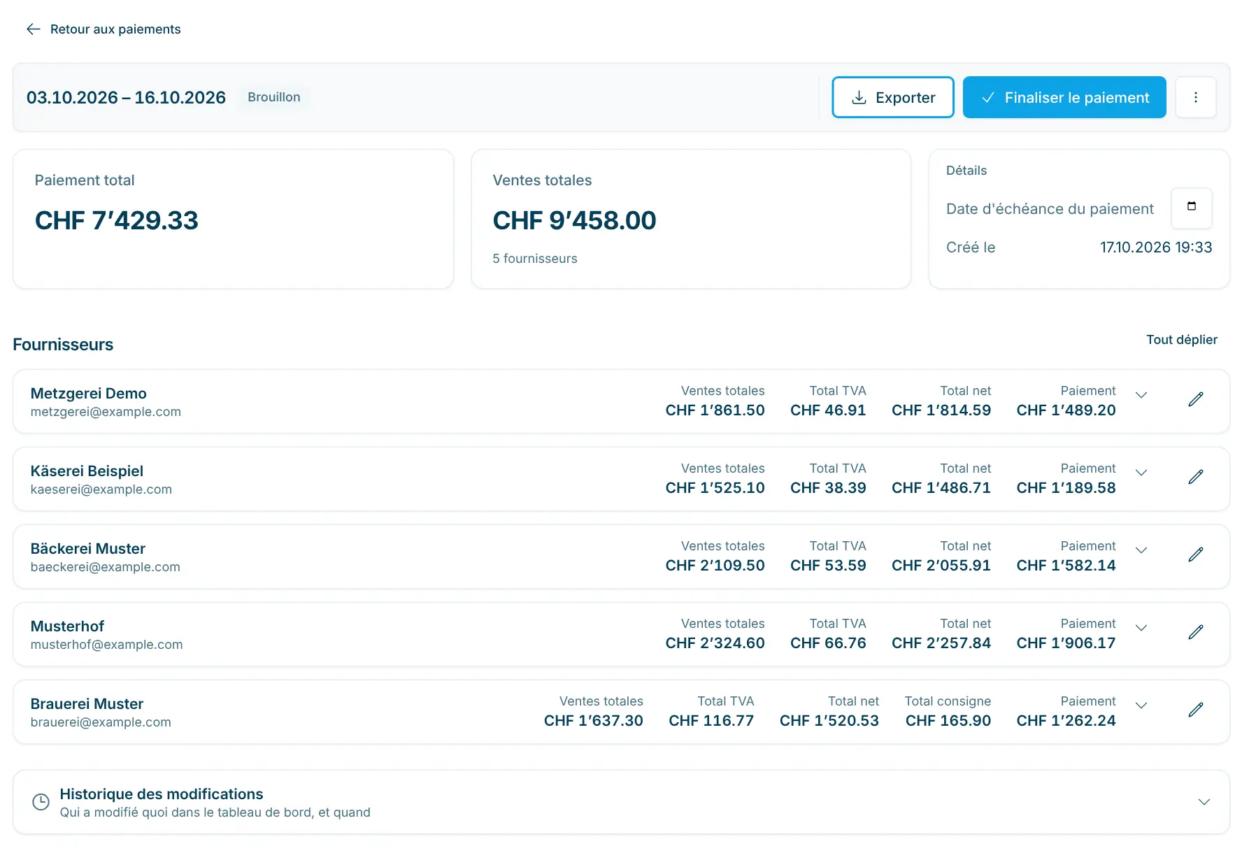 Paiement en brouillon avec cartes fournisseurs et articles en attente
