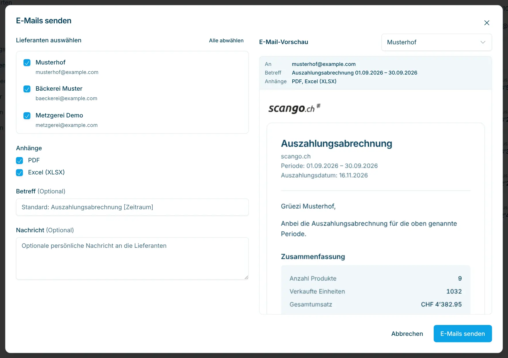 Dialog E-Mails senden mit Lieferantenauswahl, Anhängen und Vorschau