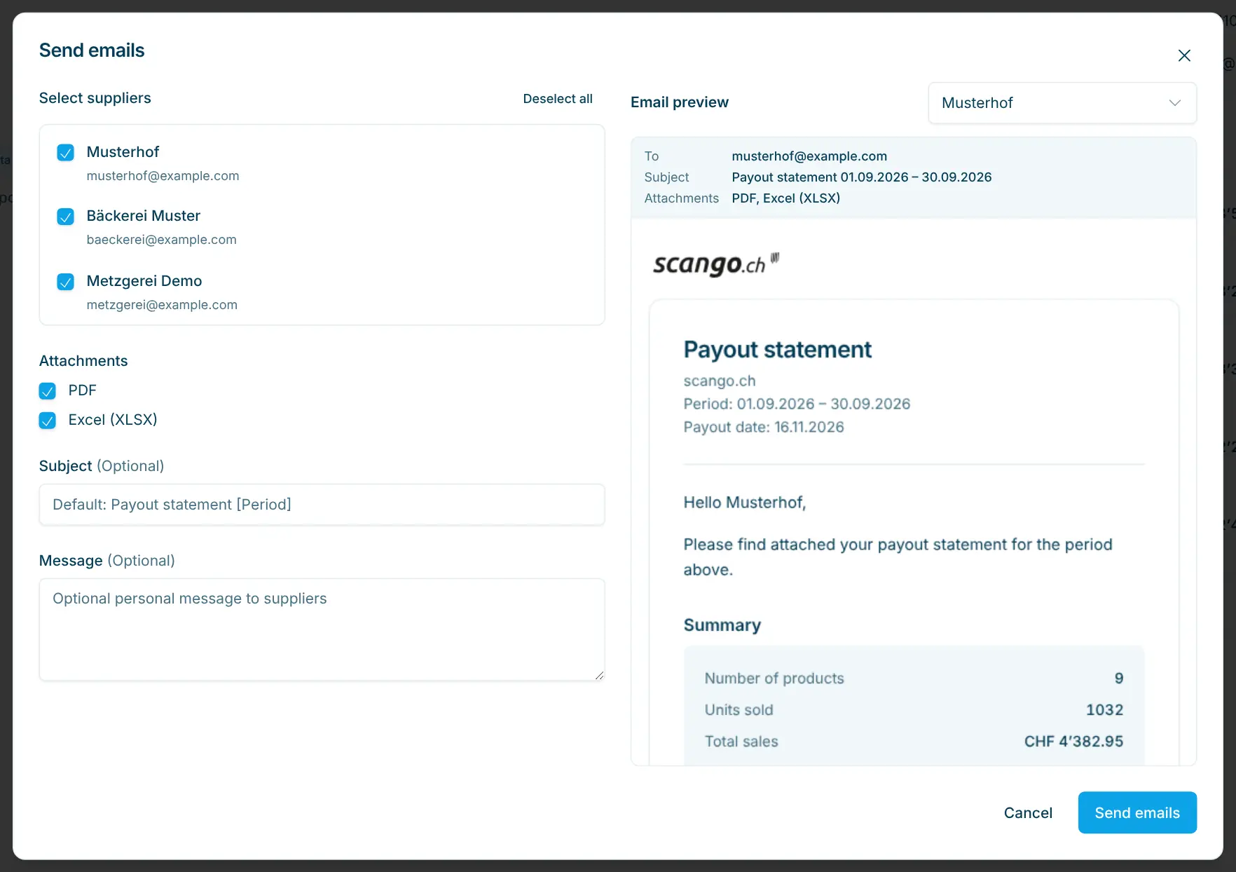 Send emails dialog with supplier selection, attachments and preview