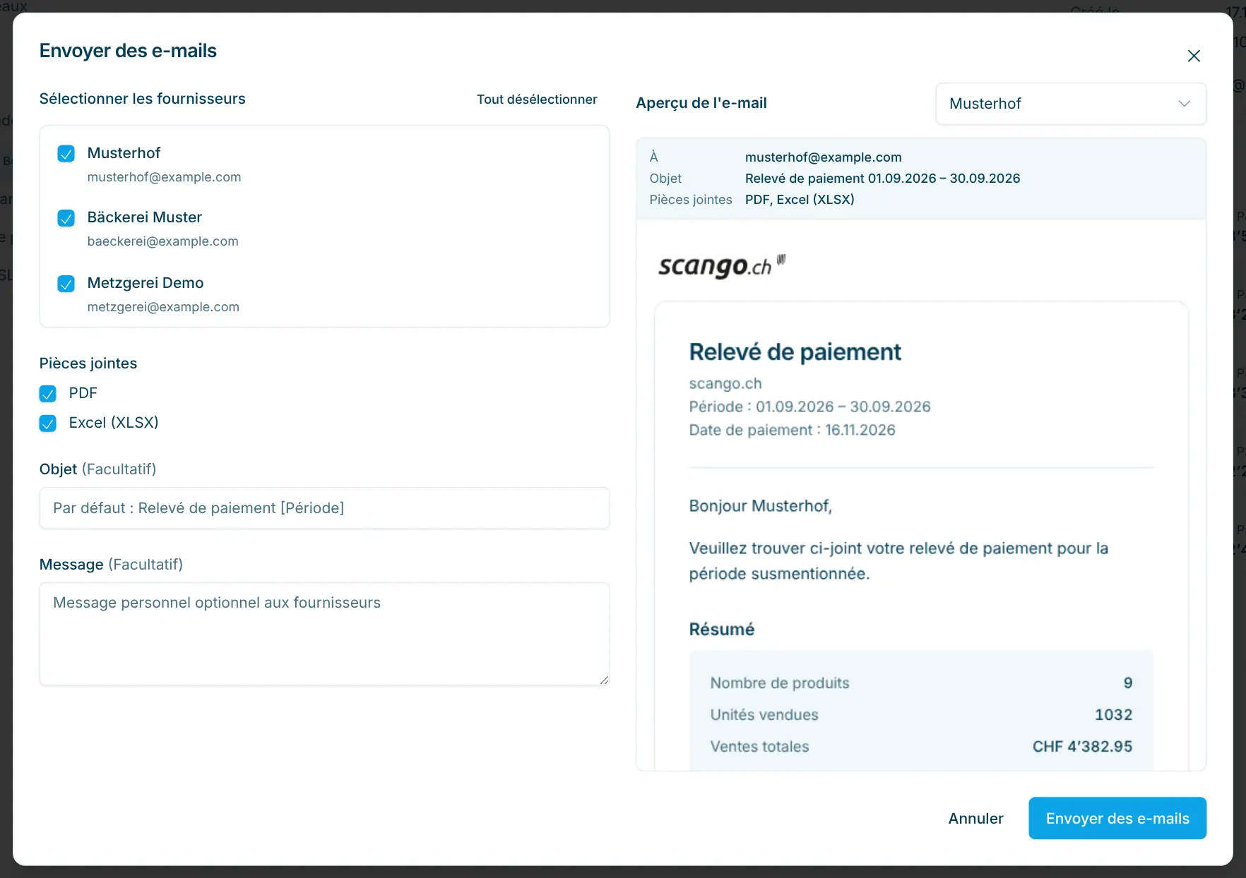 Boîte de dialogue Envoyer des e-mails avec choix des fournisseurs, pièces jointes et aperçu