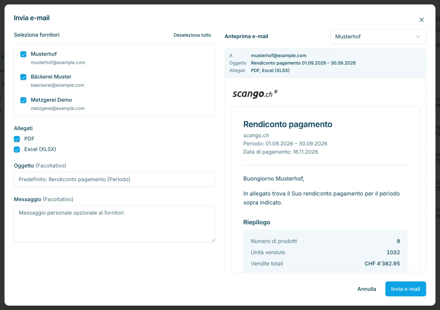 Finestra Invia e-mail con selezione fornitori, allegati e anteprima