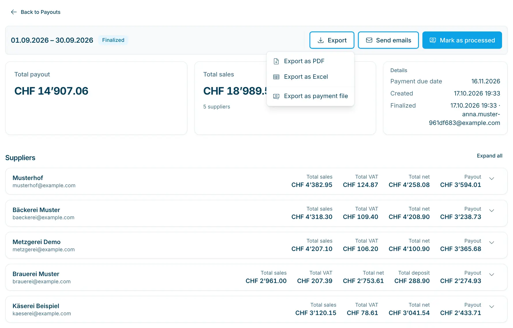 Open Export menu with PDF, Excel and payment file