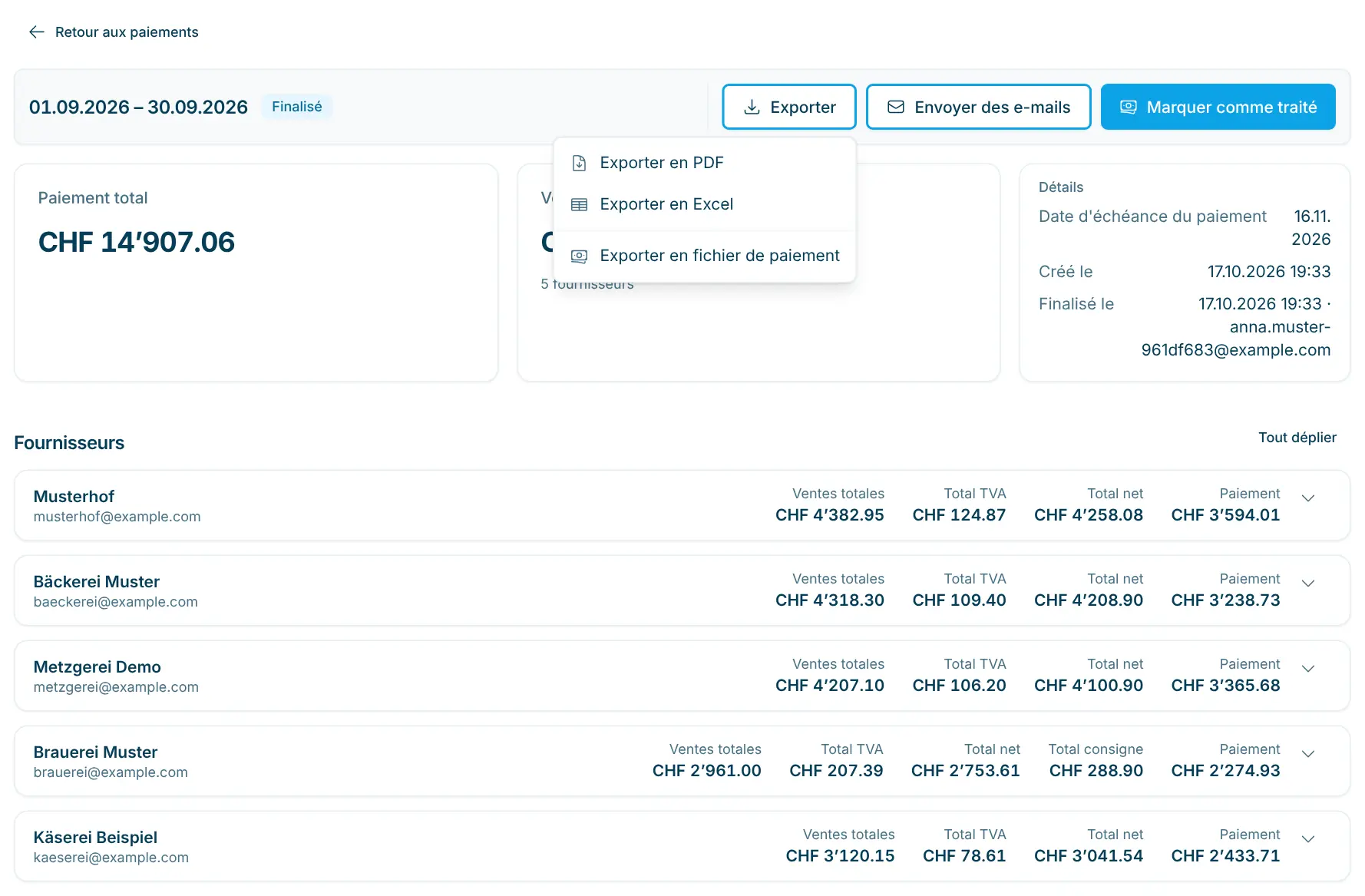 Menu Exporter ouvert avec PDF, Excel et fichier de paiement