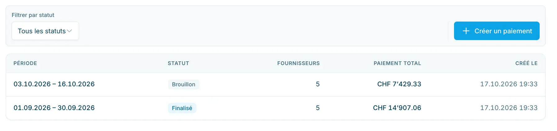 Liste des paiements avec filtre de statut