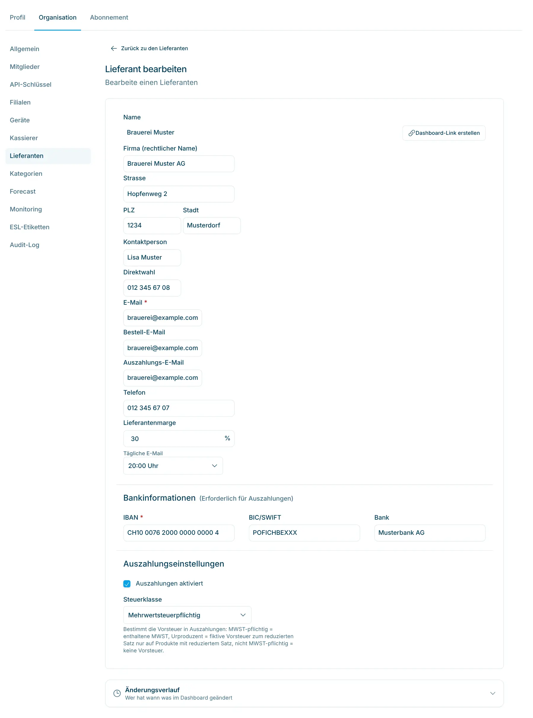 Lieferantendetail mit Bankinformationen und Auszahlungseinstellungen