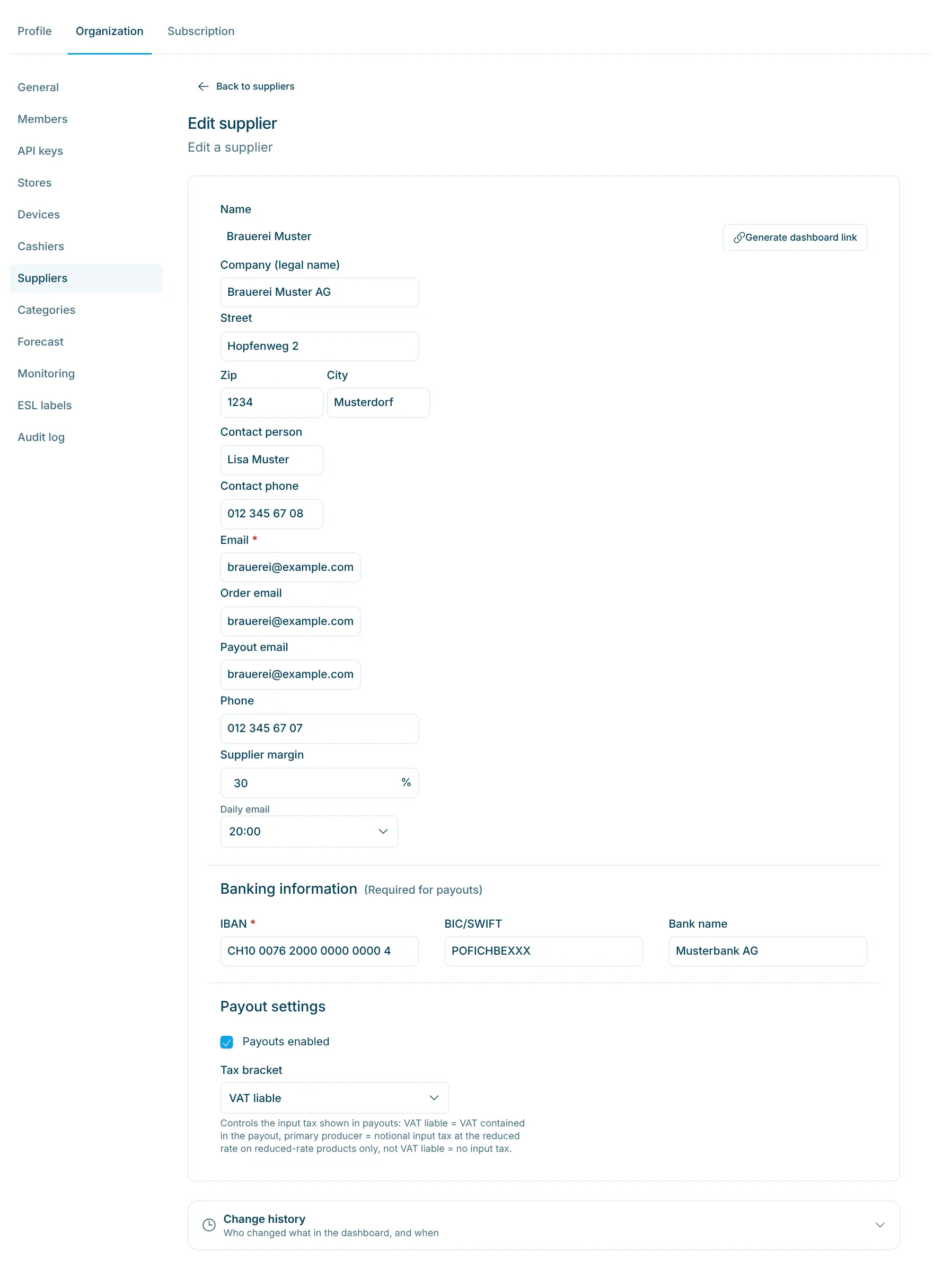 Supplier detail with banking information and payout settings