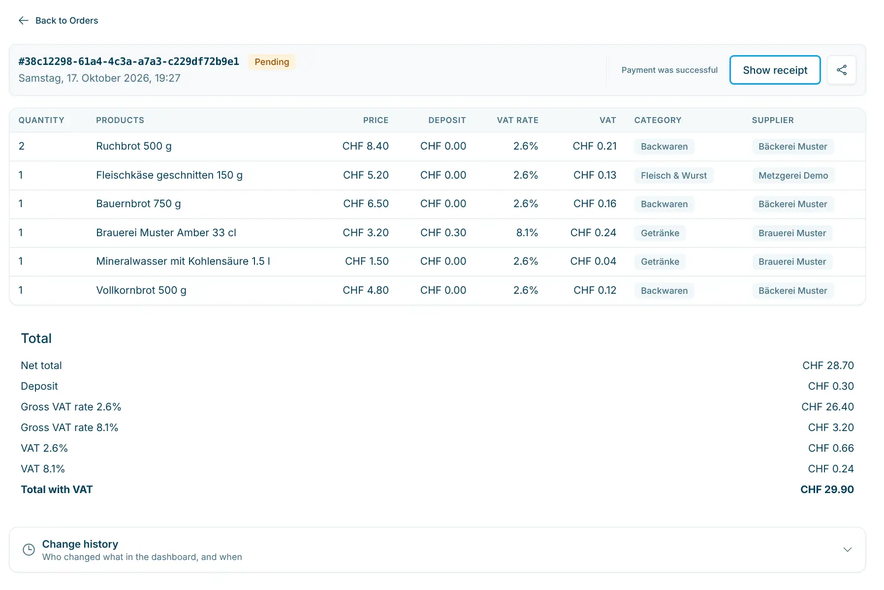 Detail page of a pending order with line items, totals and the "Payment was successful" button
