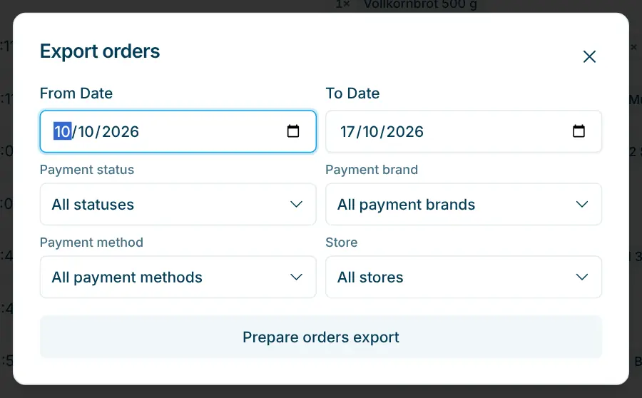 Dialog "Export orders" with date, status, payment brand, payment method and store