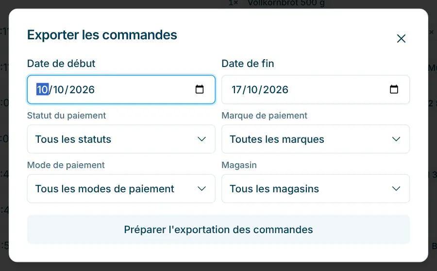 Boîte de dialogue « Exporter les commandes » avec dates, statut, marque de paiement, mode de paiement et magasin
