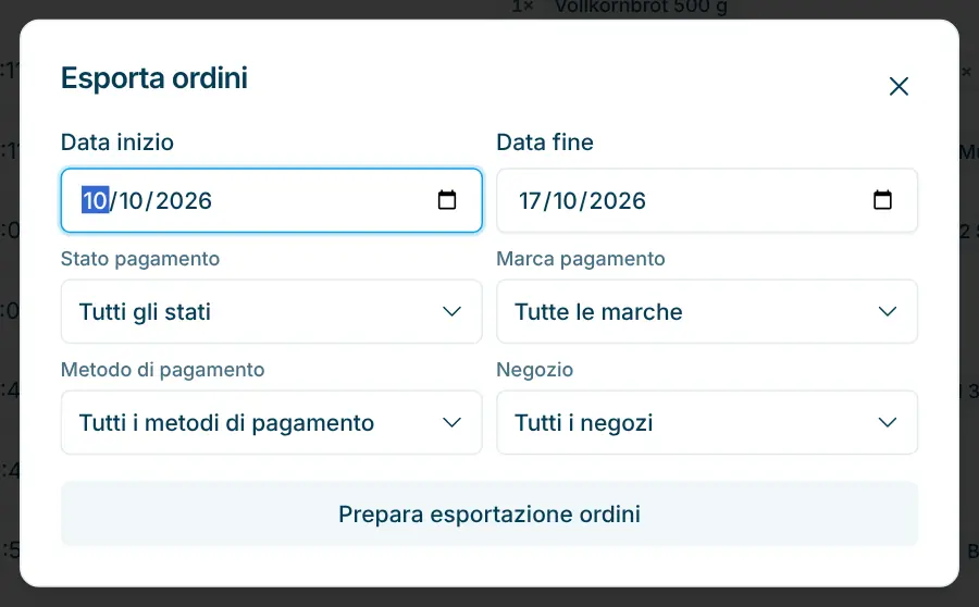 Finestra «Esporta ordini» con date, stato, marca di pagamento, metodo di pagamento e negozio