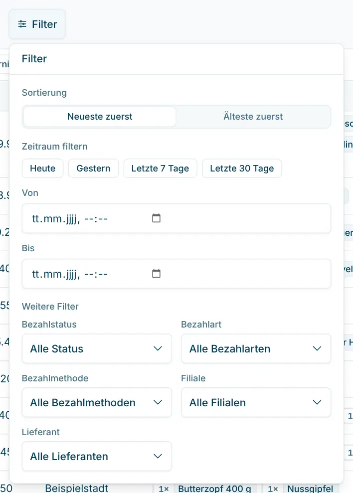 Geöffnetes Filter-Fenster mit Sortierung, Zeitraum und weiteren Filtern
