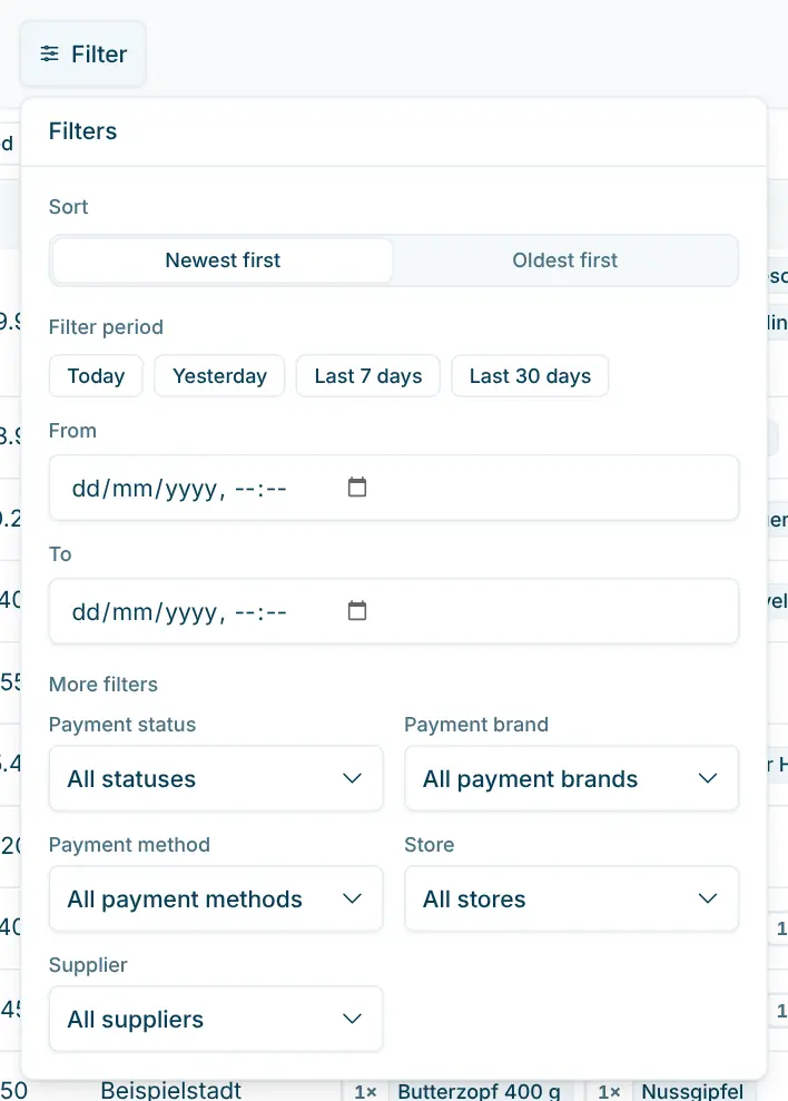 Open filter panel with sorting, period and more filters