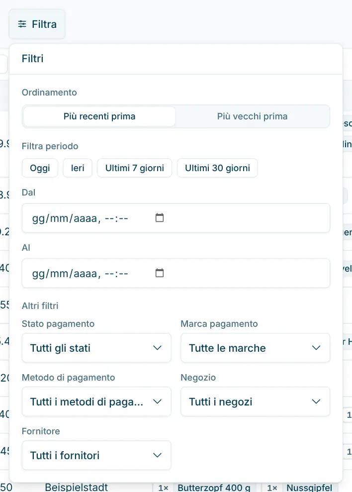 Finestra dei filtri aperta con ordinamento, periodo e altri filtri