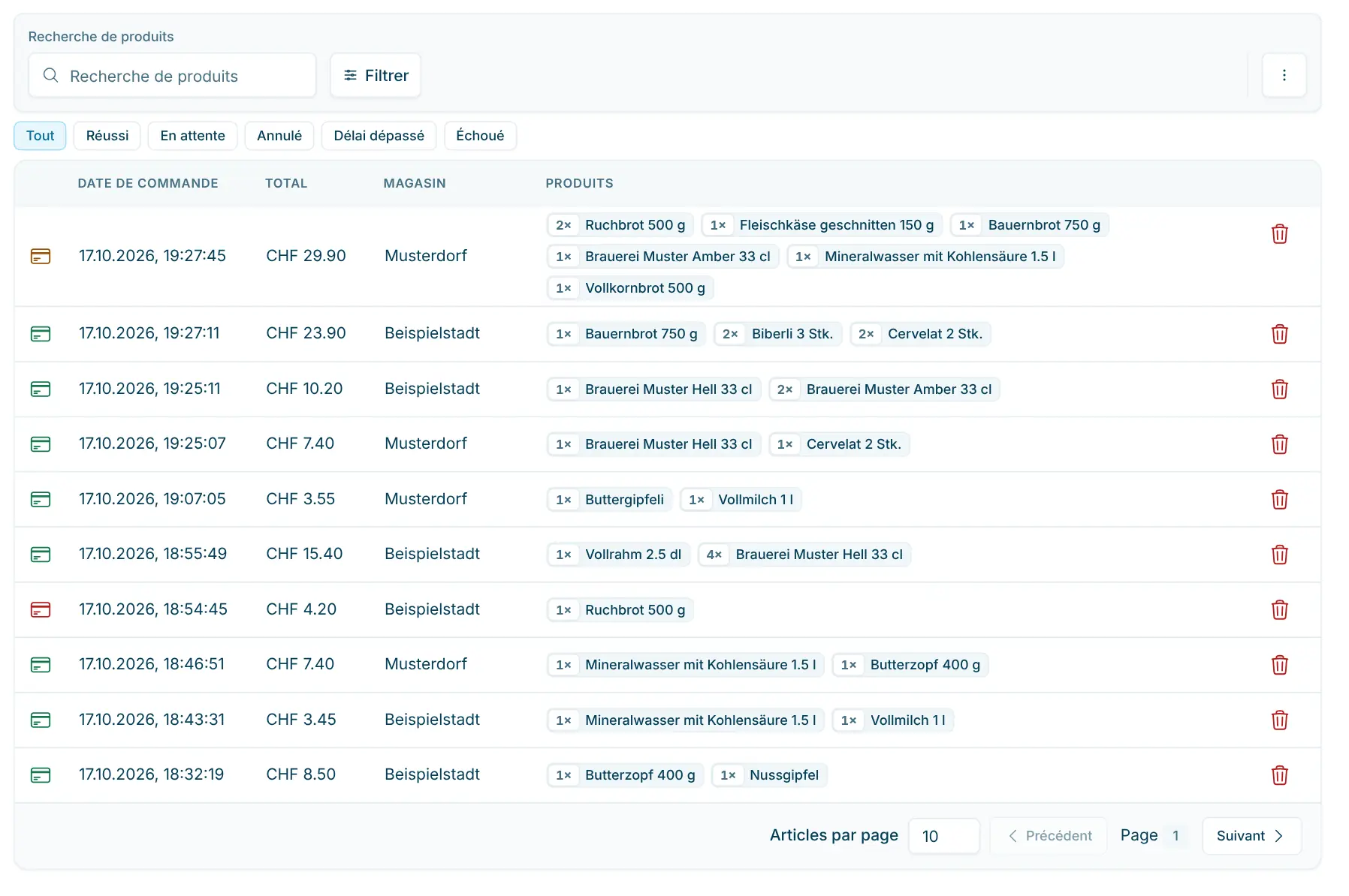 Liste des achats avec filtres de statut, champ de recherche et tableau