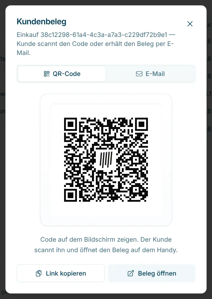 Dialog «Kundenbeleg» mit QR-Code zum Scannen