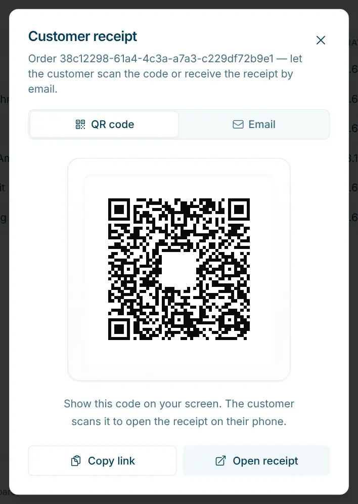 Dialog "Customer receipt" with a QR code to scan