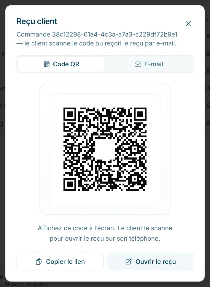 Boîte de dialogue « Reçu client » avec code QR à scanner