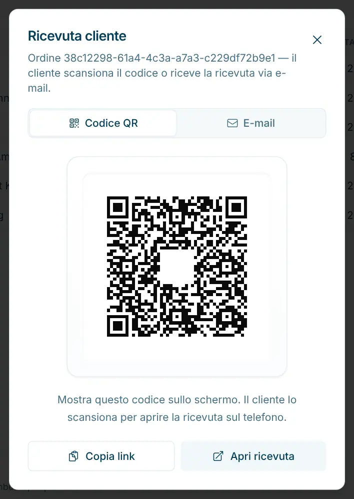 Finestra «Ricevuta cliente» con codice QR da scansionare