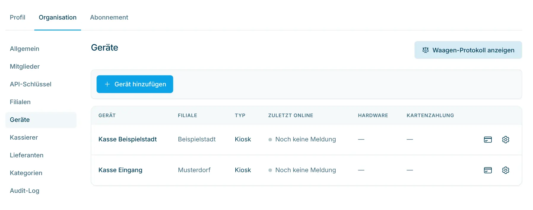Geräteliste mit den Spalten Gerät, Filiale und Belegdruck