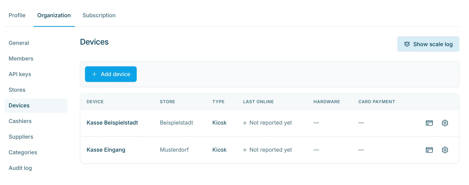 Device list with the columns Device, Store and Receipt print