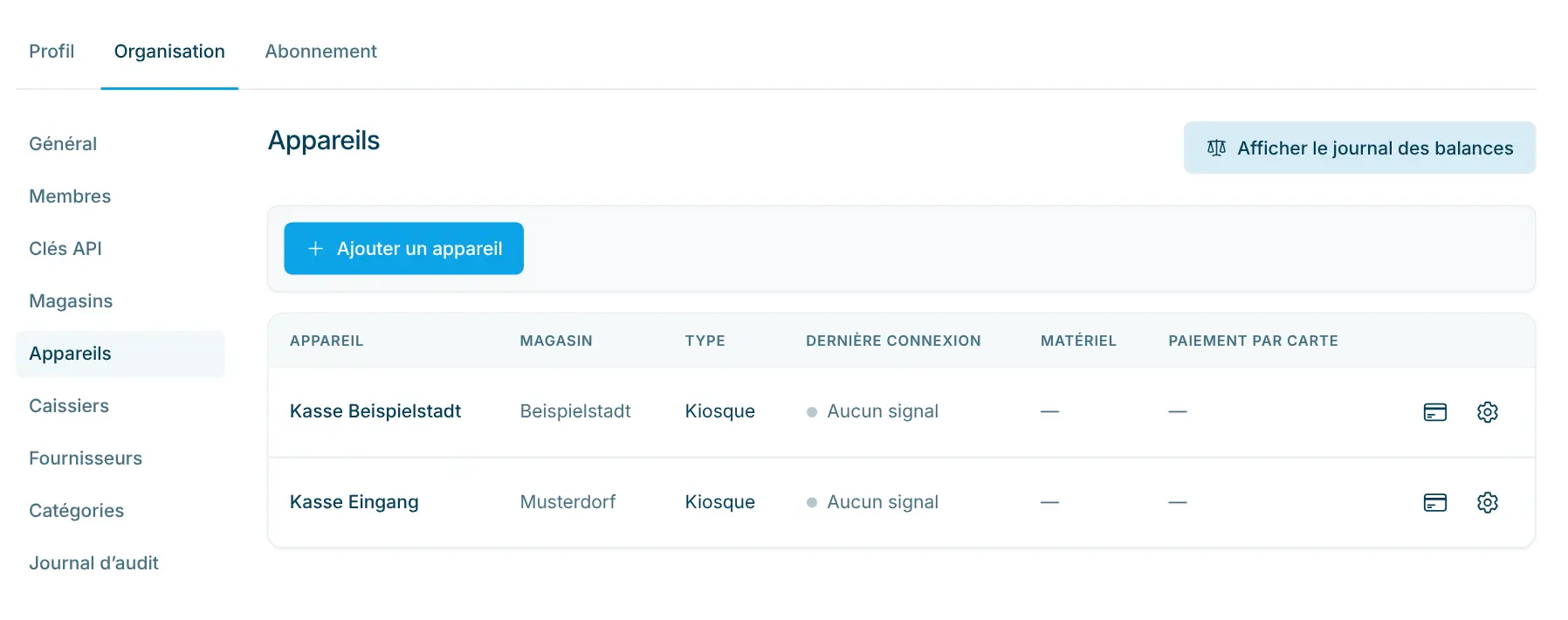 Liste des appareils avec les colonnes Appareil, Magasin et Impression du reçu