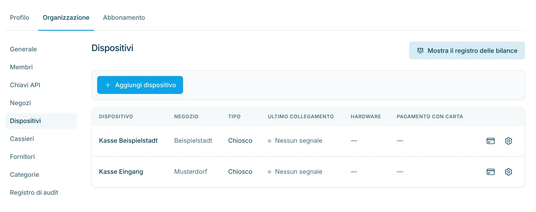 Elenco dei dispositivi con le colonne Dispositivo, Negozio e Stampa ricevuta