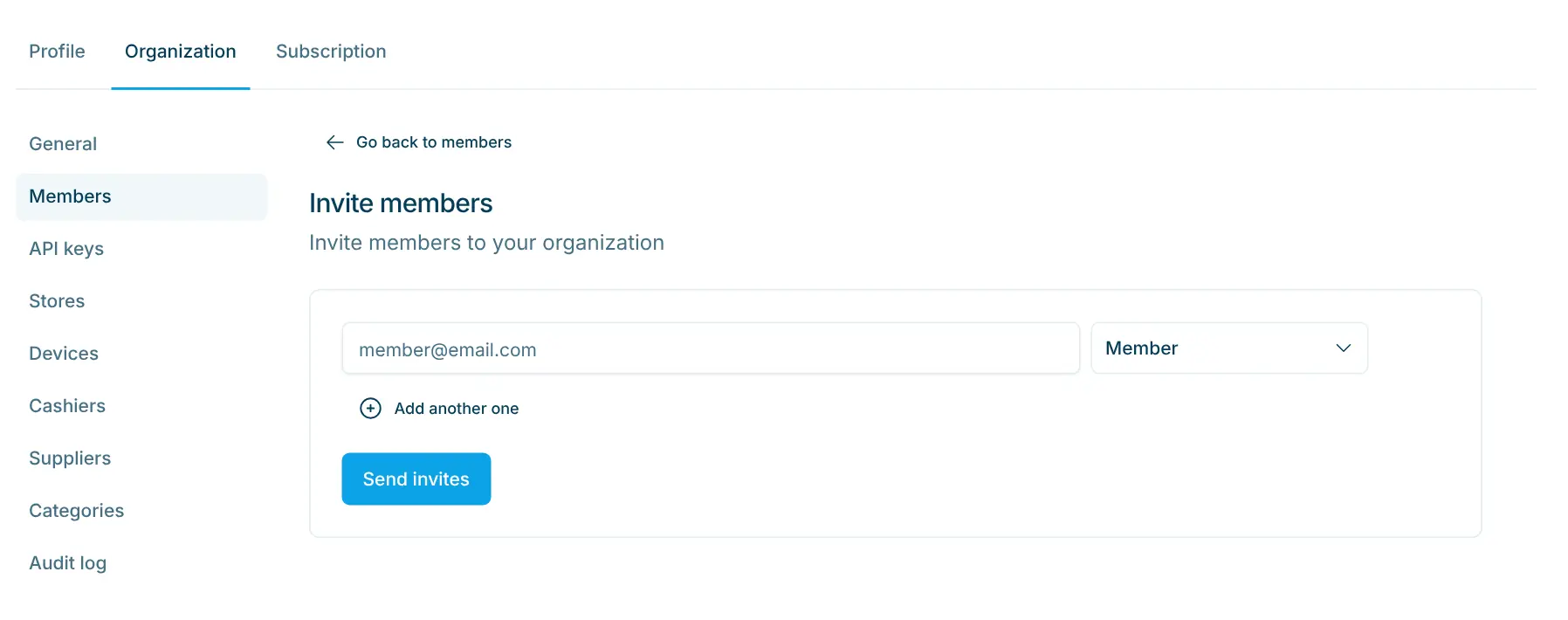 Invite Members form with email, role and the Send Invites button
