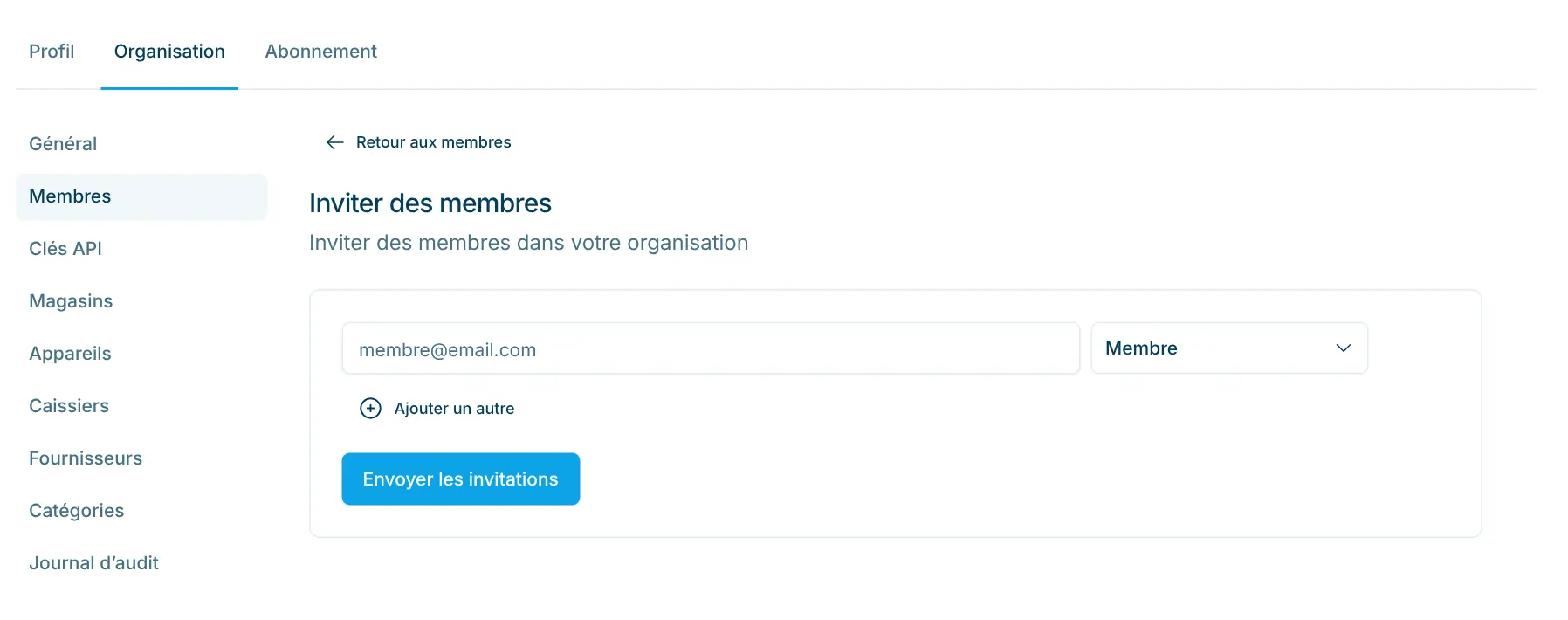 Formulaire Inviter des membres avec e-mail, rôle et bouton d'envoi