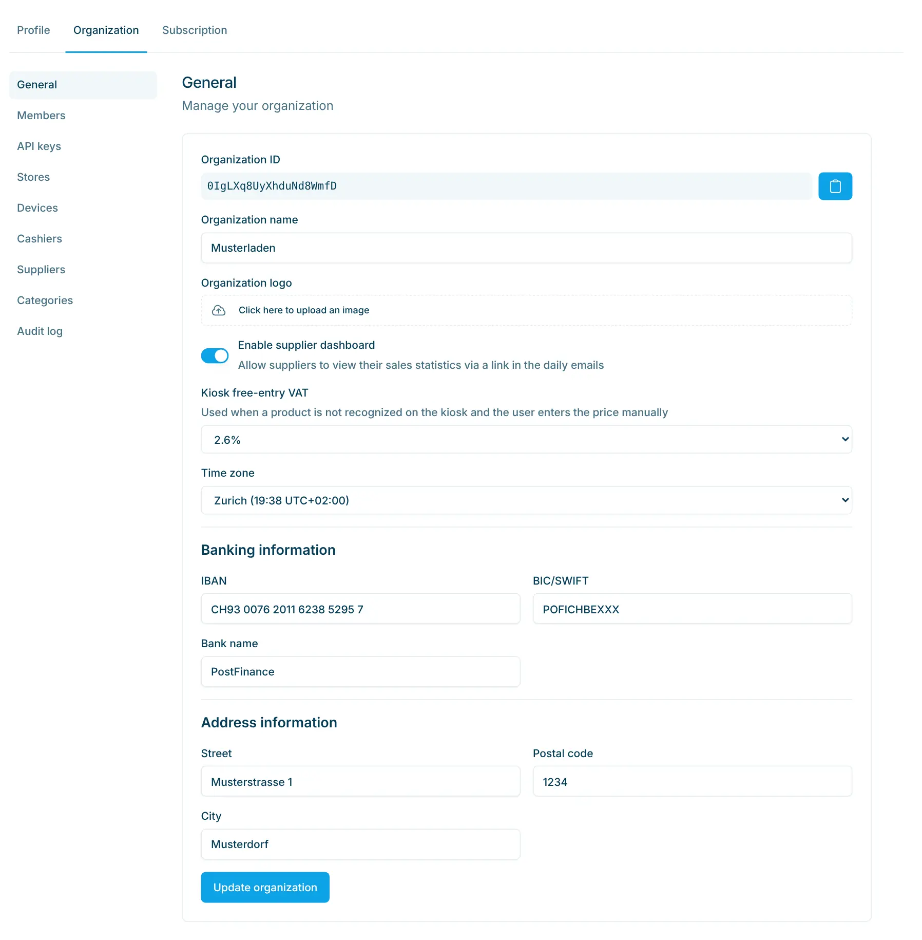 General organization settings with name, logo, supplier dashboard, time zone, banking and address information