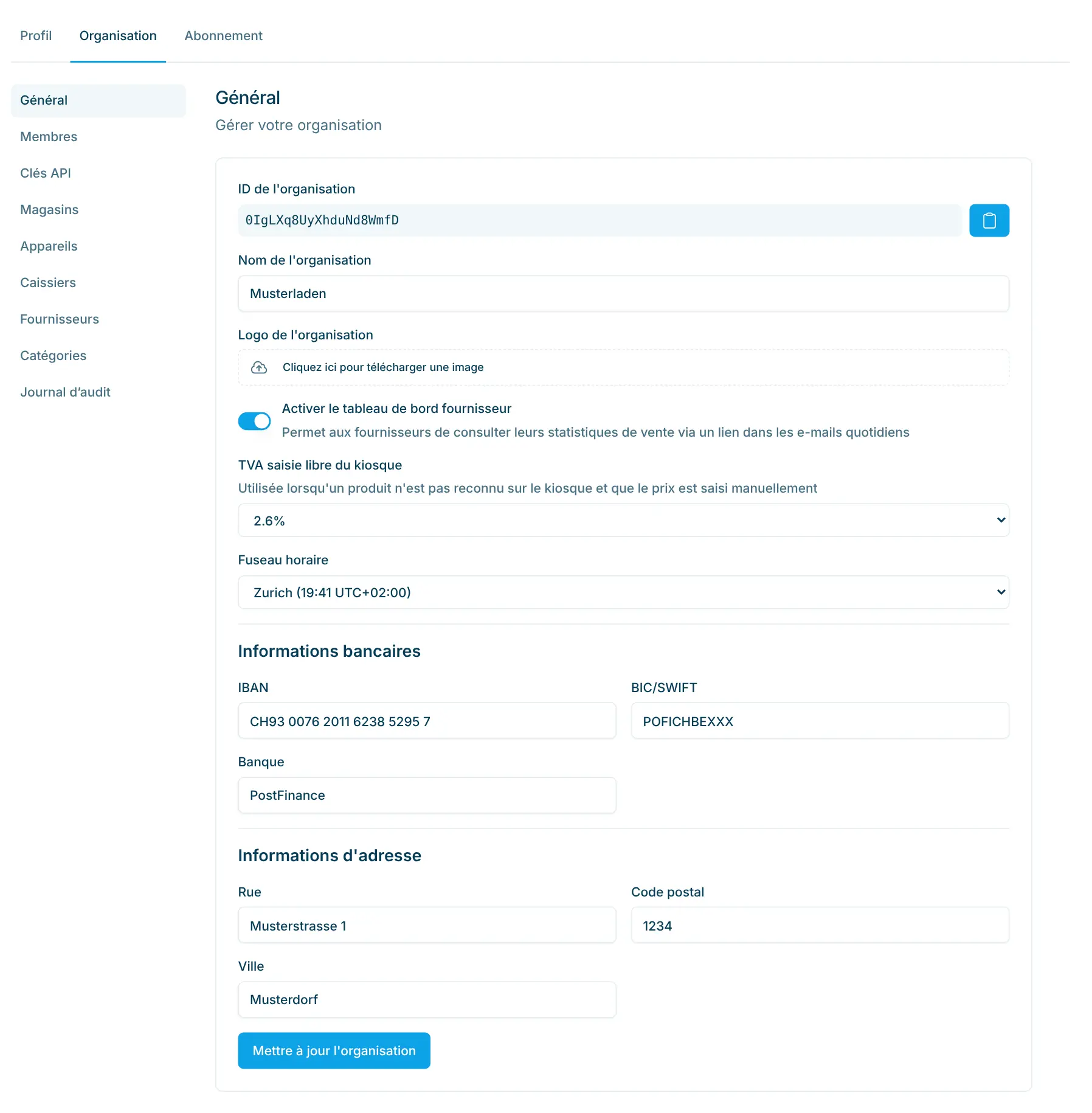 Paramètres généraux de l'organisation avec nom, logo, tableau de bord fournisseur, fuseau horaire, informations bancaires et d'adresse