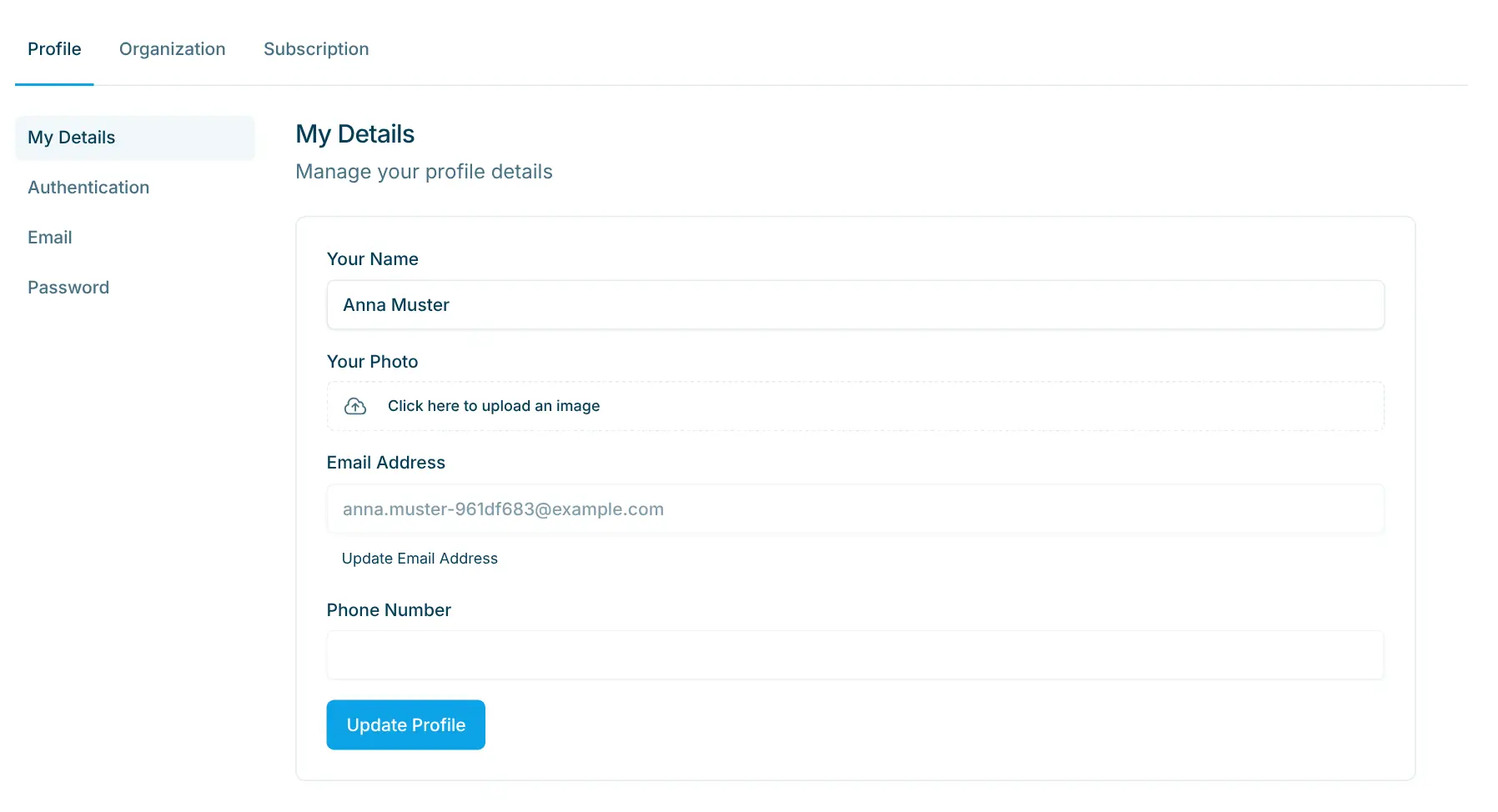 Profile settings with the fields Your Name, Your Photo and Email Address