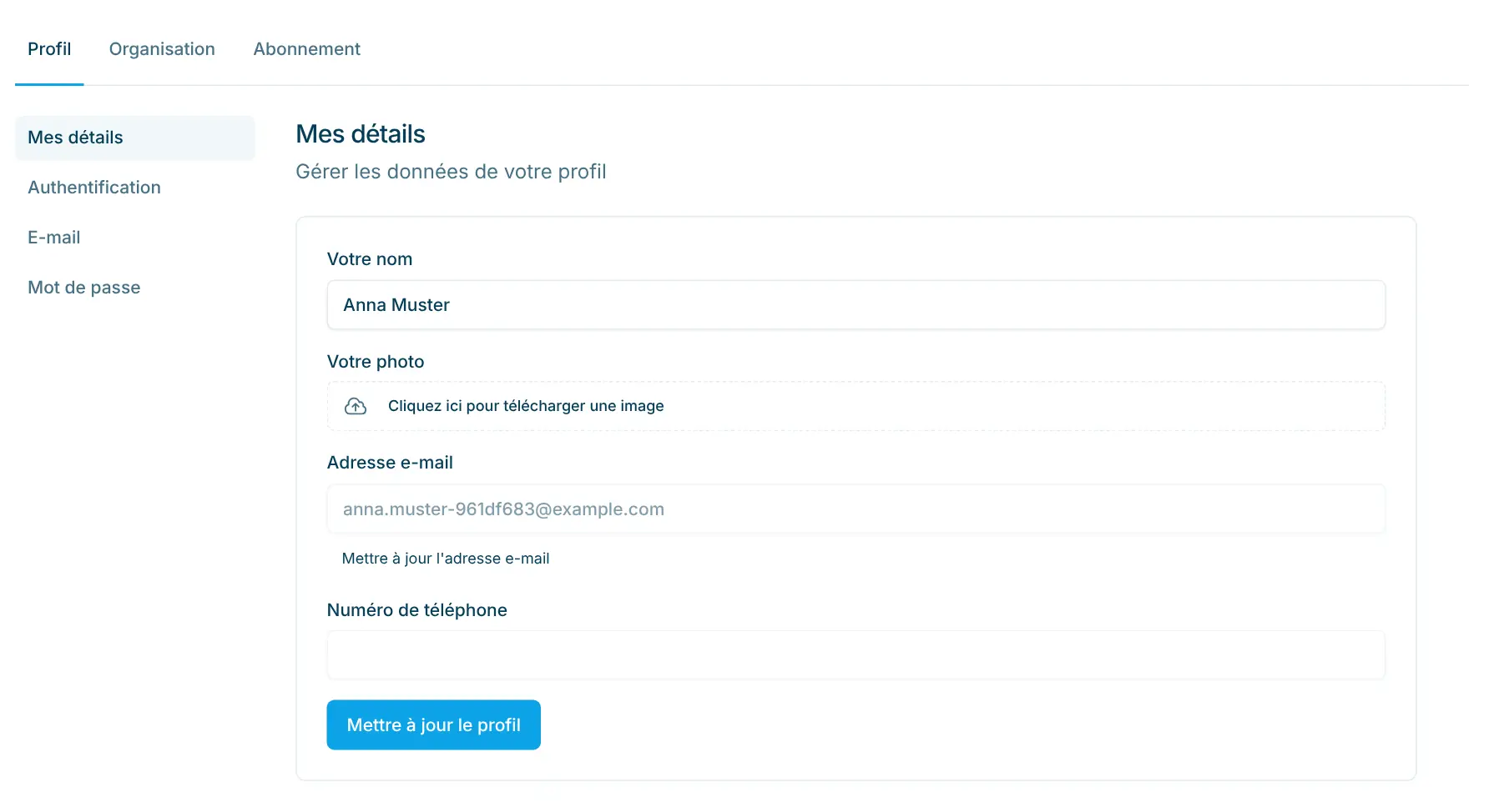 Paramètres du profil avec les champs Votre nom, votre photo et adresse électronique