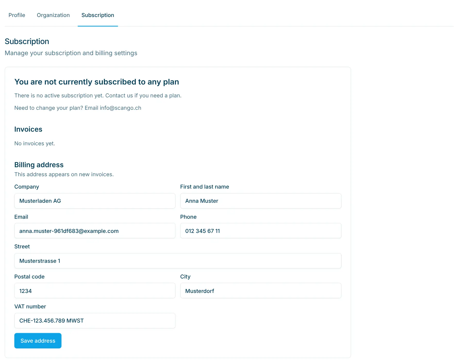 Subscription with plan, invoices and billing address
