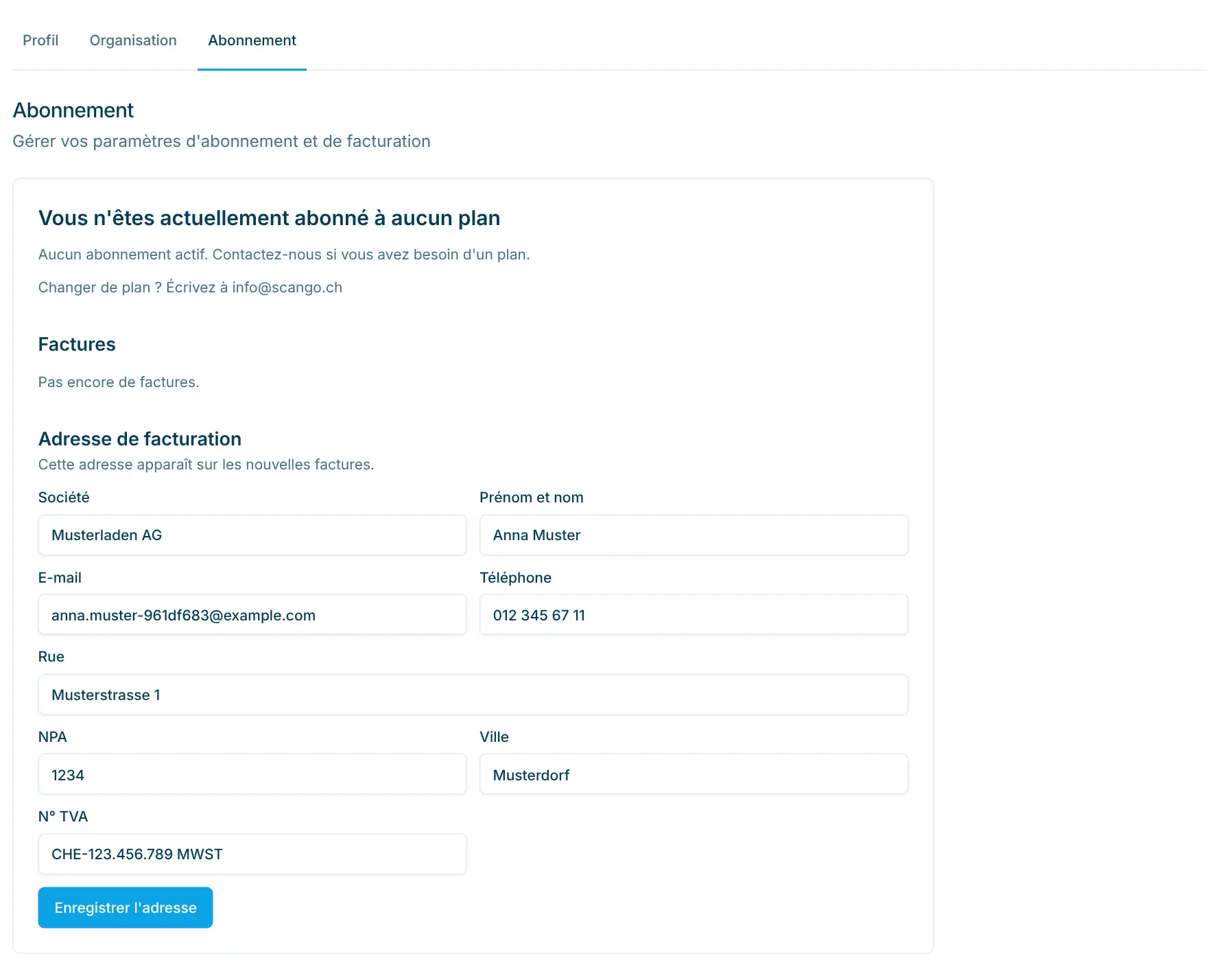 Abonnement avec plan, factures et adresse de facturation